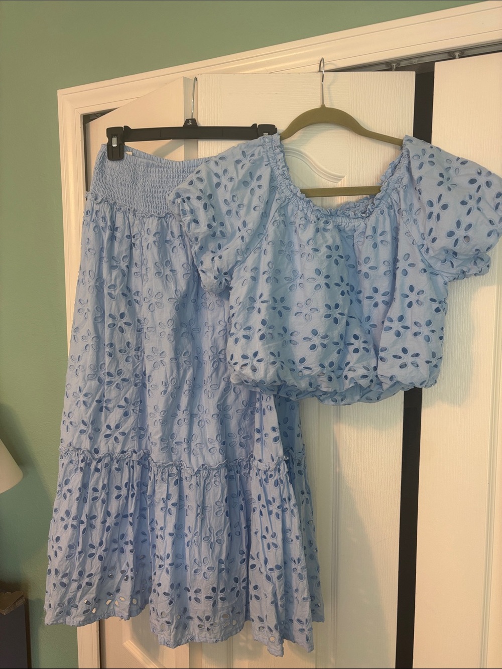 Light Blue Eyelet Maxi Skirt with Matching Puff Sleeve Crop Top Set